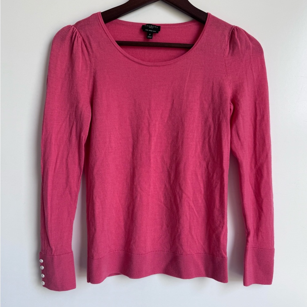 Talbots Women 100% Merino‎ Wool Petite Small Pink Puff Sleeve Lightweight Pearl